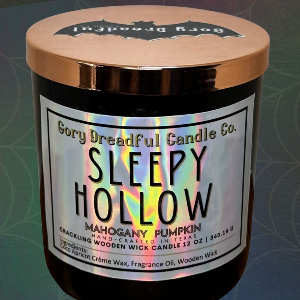 Sleepy Hollow Crackling Wooden Wick Candle: Mahogany Pumpkin Scent